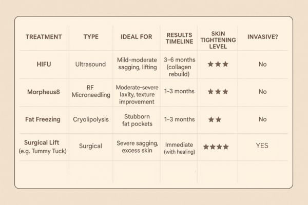 Table showing the comparisons of Skin tightening Walham Green treatment options.